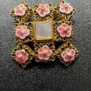 Vintage Enamel Floral Pink Brooch 1" Square Mother of Pearl Center Chic Modest